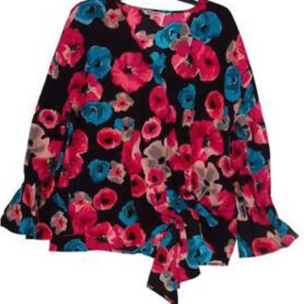Womens Multicolor Floral Knot Long Bell Sleeve V Neck Tunic